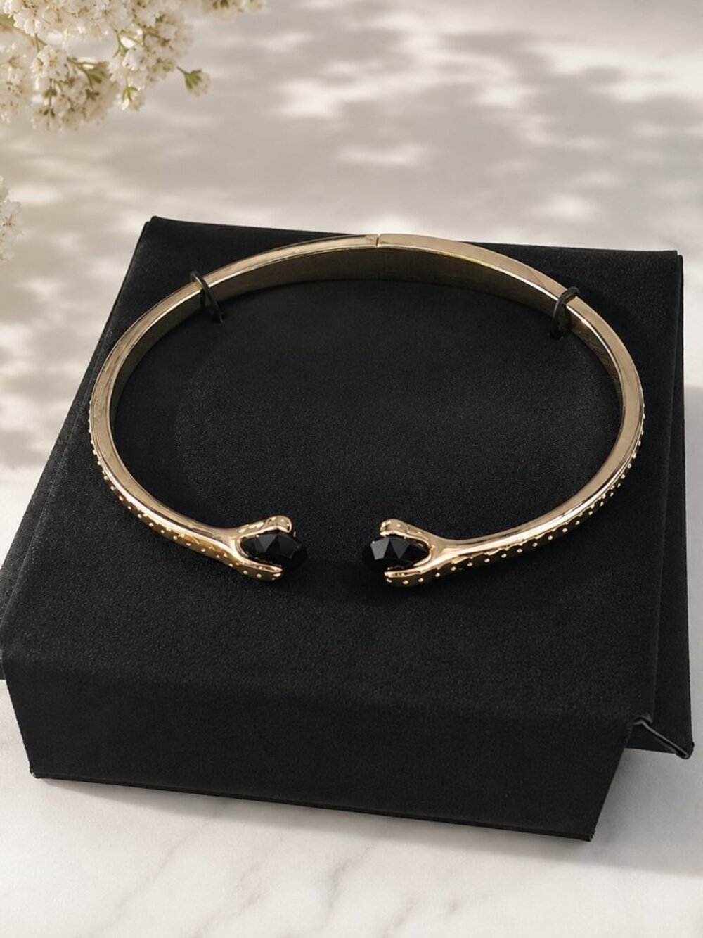 Givenchy Gold Tone Open Cuff Bracelet Black Crystal Hinged Designer Bangle